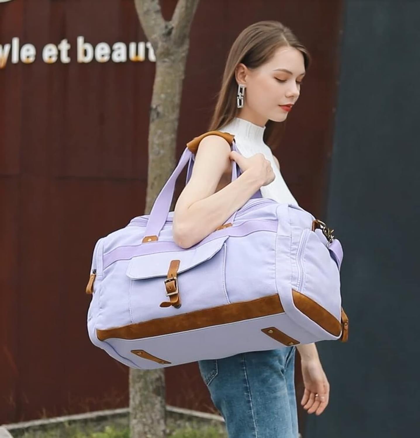 Weekender Overnight Duffel Bag with Shoes Compartment for Women Men Canvas Weekend Travel Tote Carry on Bag (Purple)