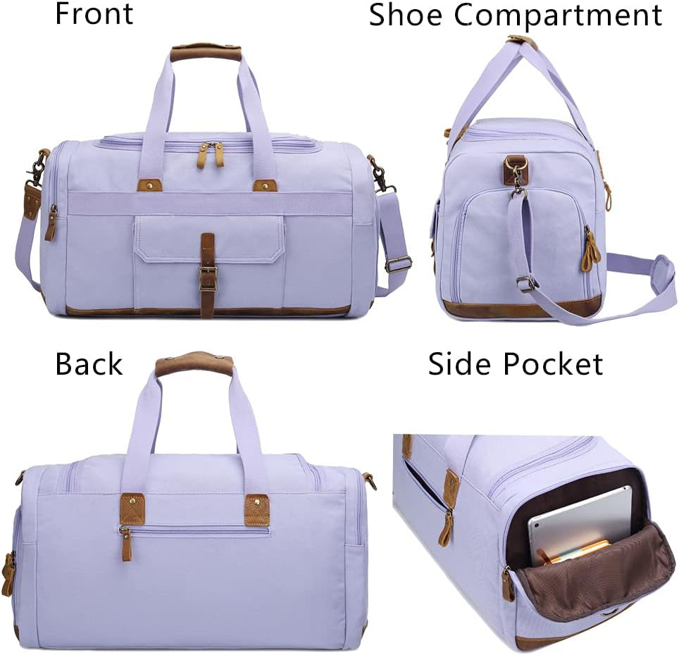 Weekender Overnight Duffel Bag with Shoes Compartment for Women Men Canvas Weekend Travel Tote Carry on Bag (Purple)